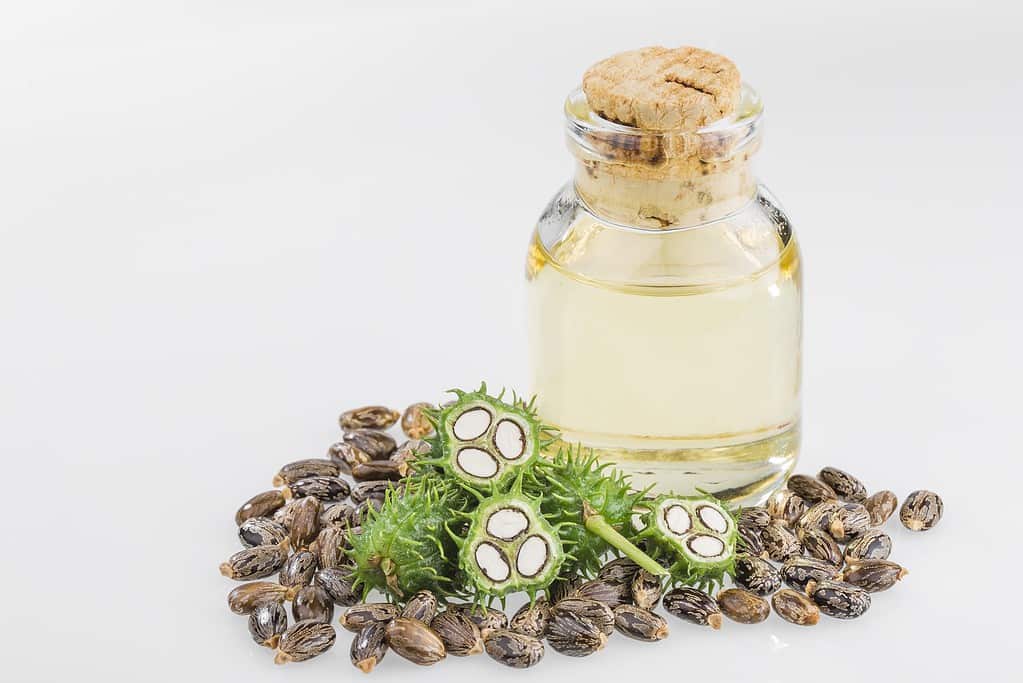 Castor oil in a glass bottle for castor oil hair mask